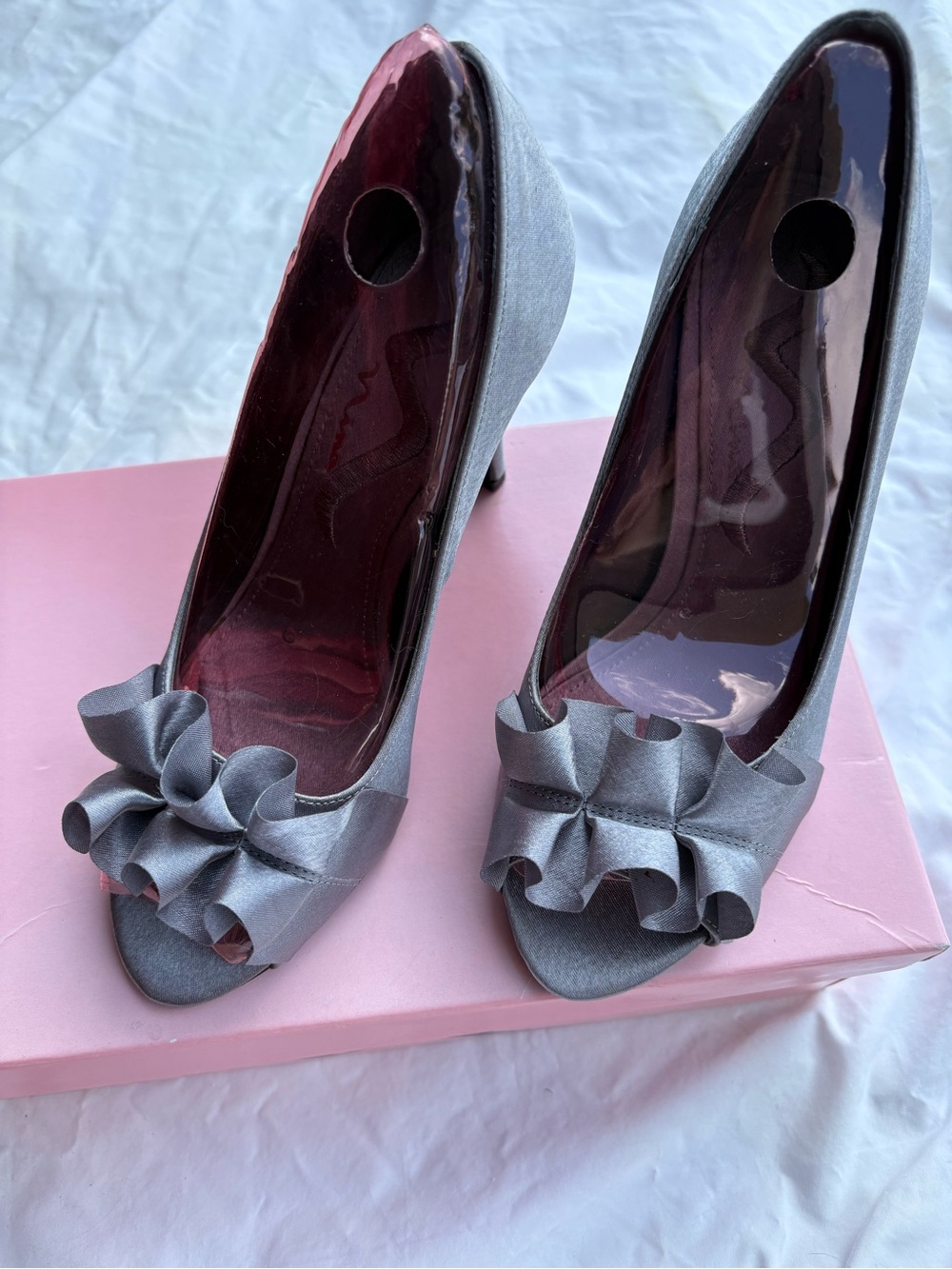 Nina Silver Peep-Toe Ruffle Heels